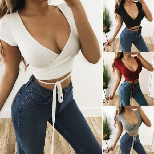 2020 New Fashion Summer Women Cotton V-Neck Slim Crop Top Bandage Short Sleeve Camis Tees Tanks Bandeau Top Party Clothes Tops