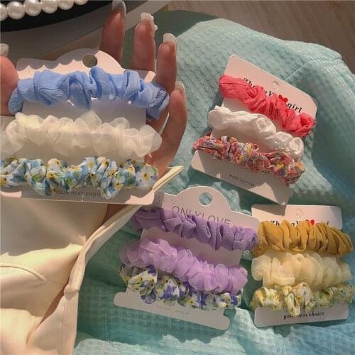 3pcs/Set Floral Printed Mesh Scrunchies Hair Rope Small Fresh Elastic Rubber Bands Ponytail Holder Girl Sweet Hair Accessories