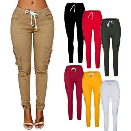 Women Skinny Pant Thin Pocket Joggers Female Slim High Waist Pencil Pants Ladies Drawstring Trouser Plus Size Pantalones Mujer