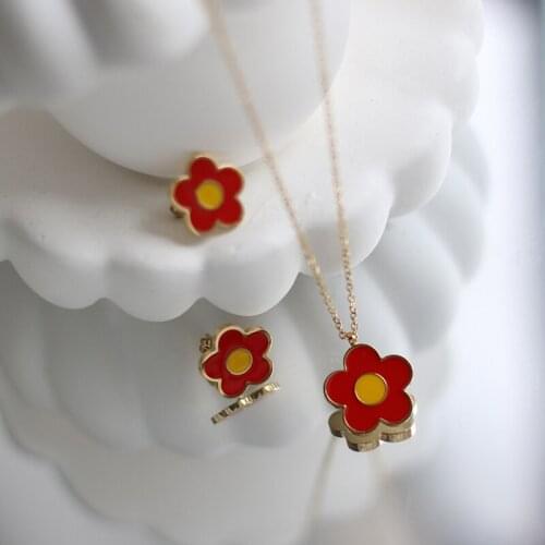 Collier Femme Cute Enamel Mini Pendant Red Flower Earrings and Necklace Jewelry Set for Girl Women Christmas Gift