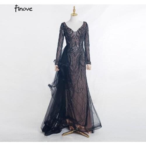 Finove New Prom Dresses 2020 Sexy V-Neck Long Sleeve Mermaid Long Length Dress Illusion Beading Evening Gowns Plus Size