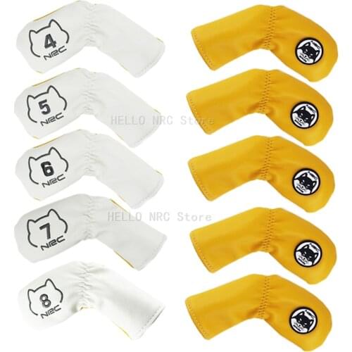 Golf Club Headcover Iron Cover 9Pcs Set PU Leather Waterproof No.4/5/6/7/8/9/P/S/A Protector White Yellow AKITA DOG