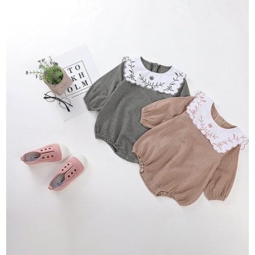 Baby Girls Clothes Autumn Spring long Sleeve Romper Infant Plaid Triangle Embroidered flower lapel Rompers