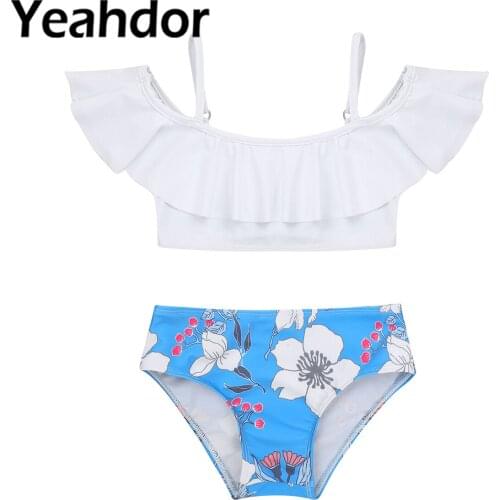 2Pcs Kids Girls Swimwear Swimming Suit Off Shoulder Ruffle Hem Adorned Cropped Top Floral Print Briefs Set Bikini Bathing Suits