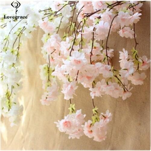 Lovegrace DIY Girl Bouquet Silk Cherry Vine Artificial Flower 135cm Cherry Blossoms Wedding Wall Hanging Flower Home Party Decor