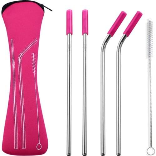 6Pcs/set Reusable Stainless Steel Straws Cleaning Brush Drinking Metal Straw with Silicone Tips Carry Bag for Coffee Bar Camping