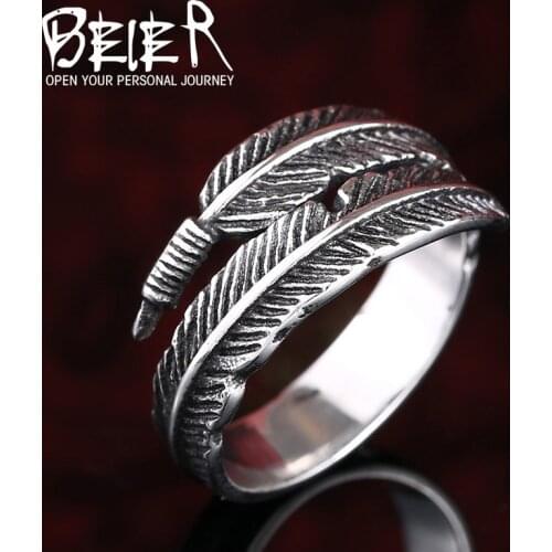 Beier new store 316L Stainless Steel ring top quality hot sale simple feather ring Fashion Jewelry LLBR8-306R