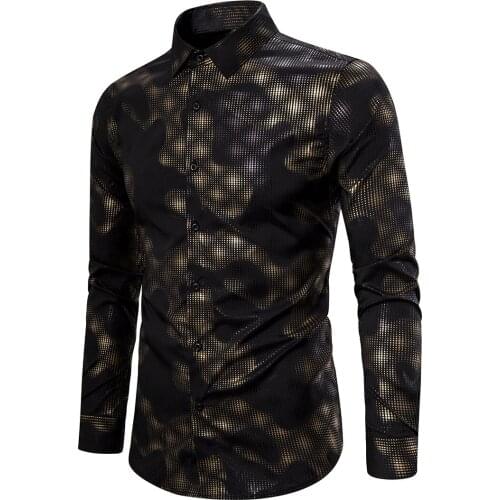 New casual mens long-sleeved shirt digital bronzing printing stretch shirt