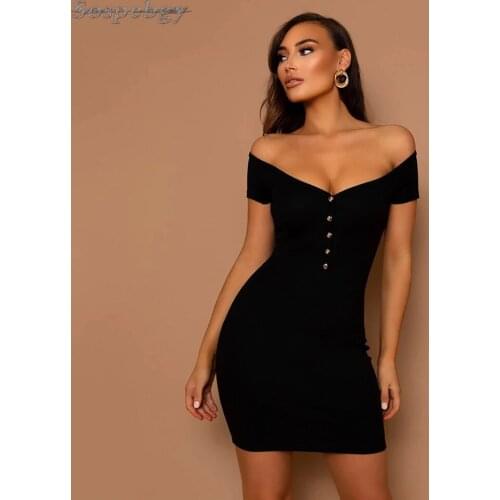 2021 New Womens Clothes Classic Simple Black Mini Bodycon Bandage Dress Button Card Shoulder Sexy V-neck Party Club Dresses