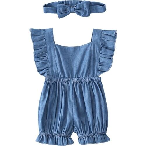 Newborn Girls Clothing Baby Girl Romper Summer Pure Color Blue Short Sleeve Cotton Jeans Jumpsuit 2020 New Baby Girls Costumes