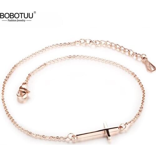 BOBOTUU Simple Titanium Steel Rose Gold Color Cross Womens Anklet Jewelry BA19039