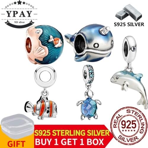 Blue Ocean Wave Tortoise Dolphin Charms 925 Sterling Silver Beads Pendant Fit Original Bracelets Diy Necklace Jewelry Gift