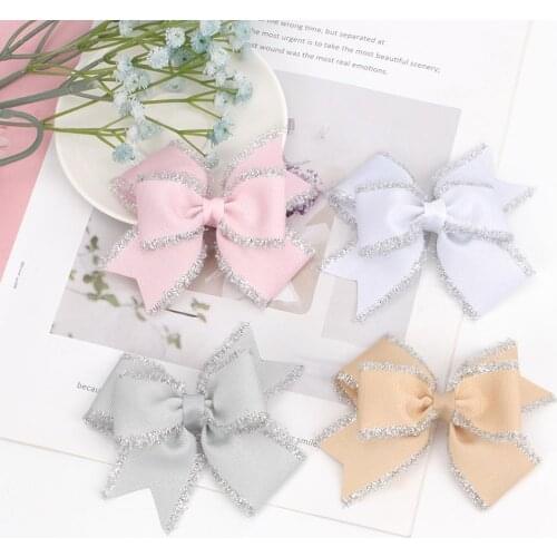 CN 1PC 4 Inch Girls Headwear Glitter Solid Grosgrain Ribbon Hairbows with Clip Handmade Boutique Hair Grips For Kids