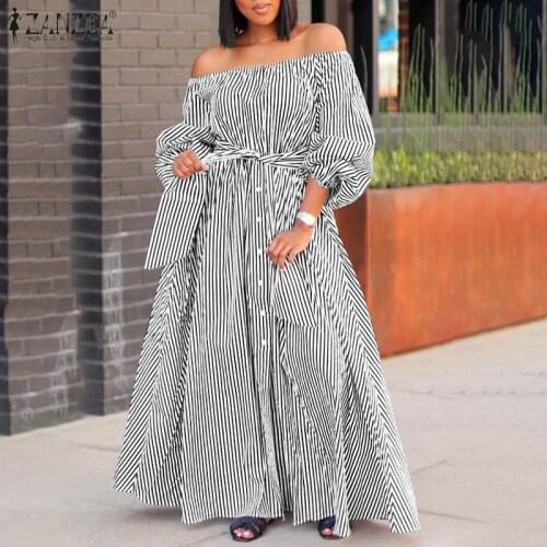 ZANZEA Women Long Puff Sleeve Maxi Shirt Dress Vintage Striped Printed Off Shoulder Loose Vestidos Casual Evening Party Sundress