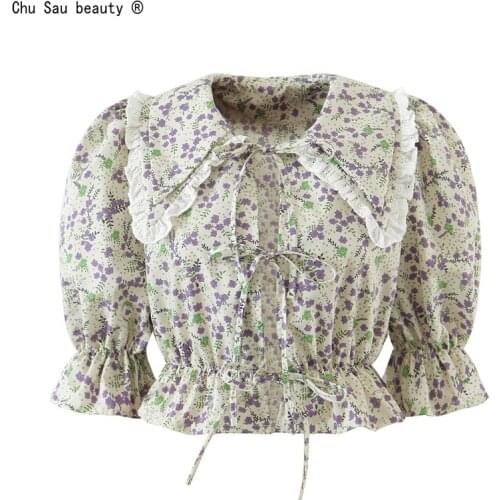French Vintage Peter Pan Collar Five-Point Puff Sleeve Floral Printed Blouse Women Summer 2021 Ruffled Lace-Up Top