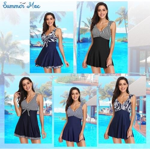 Womens One Piece High Waist Printing Swim Dress Padded Swimwear