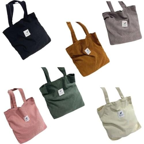 Women Corduroy Ribbed Velvet Tote Bag Letters Label Patchwork Solid Color Shopping Single Shoulder Handbag Purse