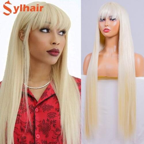 Sylhair Straigh Wigs with Bangs 32 Inch Long Wigs for Women Daily Party Fancy Dress Cosplay Ladies Use Wigs