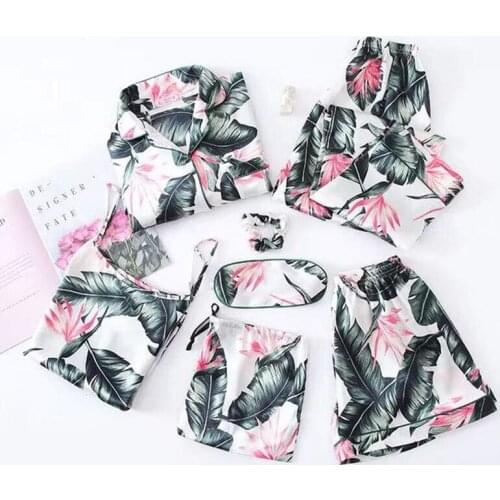 Women Summer Sexy Four Seasons Korean Imitation Silk Sleepwear Set Long Sleeve Shirt Lingerie Striped Seven-piece Home Service