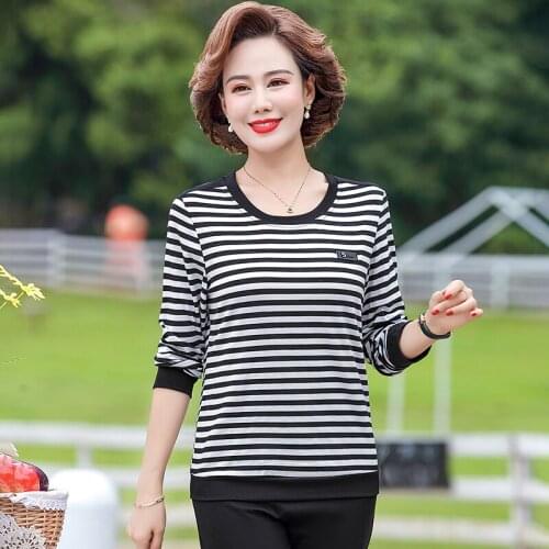 Women Long Sleeve Stripe T-Shirts Slim Pullover Bottom Shirt Casual Plus Size 5XL Mother Tops 2021 New Spring Autumn Clothing
