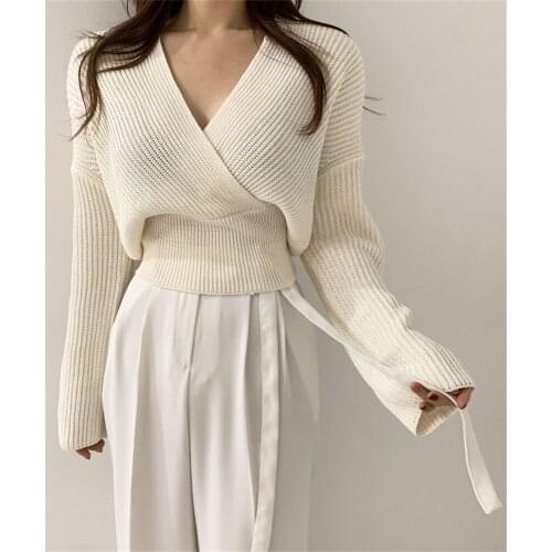 Alien Kitty Apricot V-Neck Warm Jumpers Sweaters Outwear 2021 Cross Slim-Fit Autumn Women Tops Elegant Knitted Femme Loose