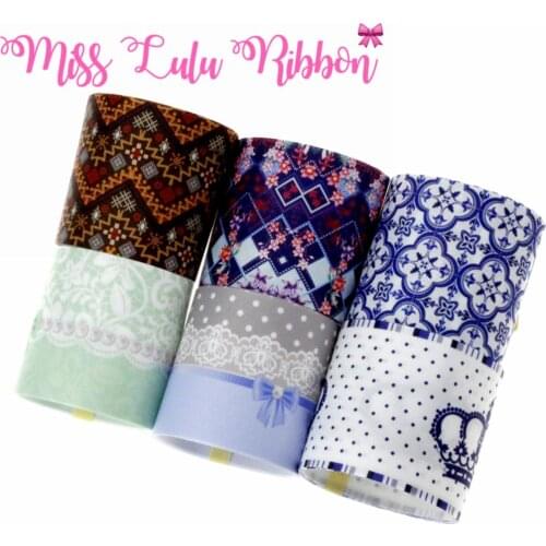 16mm-75mm Retro Geometric Crown Bowknots Printed Grosgrain/Foe Ribbon Dots Hair Band Making 50yards/roll