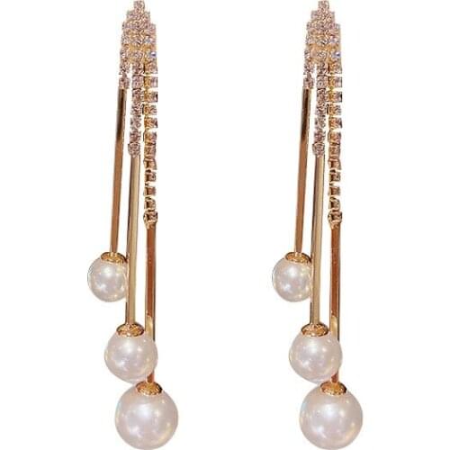 2021 Long Tassel Earings Crystal Pearl Earrings Geometric Pendant Bride Wedding Jewelry Gift Earrings For Women Accessories