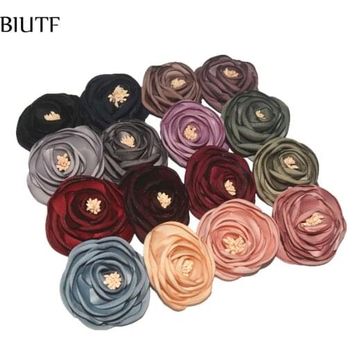 50pcs/lot Vintage 3D Singed Satin Flower with Stamen Women Corsage Flower Girl Headband Hat Dress Accessories TH238
