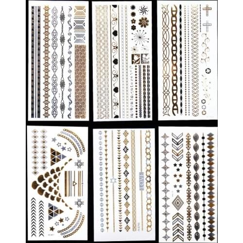6pcs of sticker 10x20cm summer temporary tattoos silver gold body bracelet chocker jewelrey tattoo for birthday beach holiday