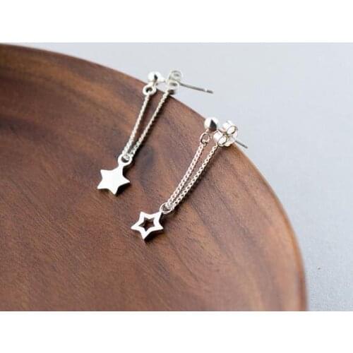 Asymmetric earrings Real. 925-STERLING-SILVER polished /open Star &bead lucky Dangle Earrings long jewelry for ladys GTLE1115