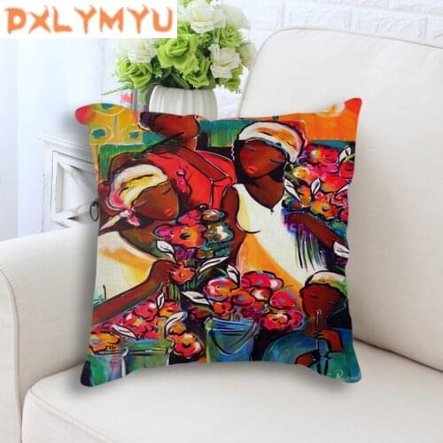 Decorative Cushion Square Pillow Hand Printed African style Linen Cushion African Women Life Print Pillow For Sofa Home Decor