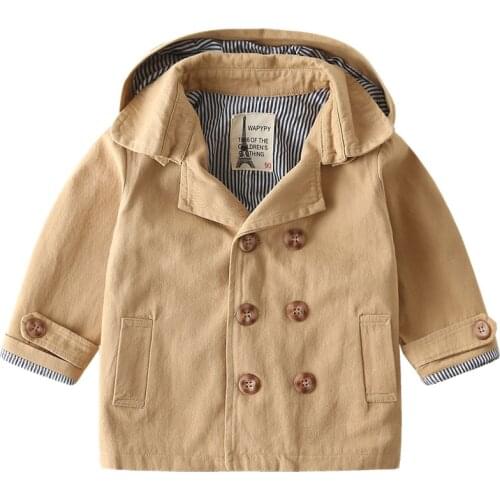 Kids Boys Trench Coat Autumn Baby Full Sleeve With Hooded Button Khaki Long Style Outerwear Casual Wind Proof Children Clothes