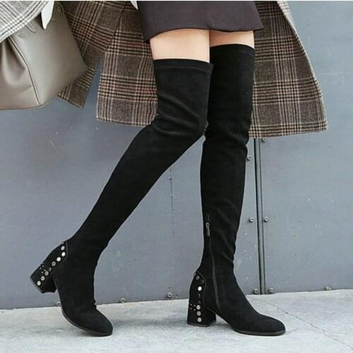 EshtonShero Autumn Shoes Woman Over The Knee Boots Cow Suede Square Med Heels Round Toe Zipper Ladies Riding Boots Size 3-9