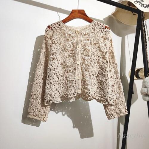 Womens Long-Sleeved Hollow-out Knitted Cardigan Summer Wear New Crocheted Floral Short Chic Top Air Conditioning Coat