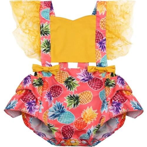 Kids Infant Baby Girls Cartoon Pineapple Print Splicing Romper, Lace Flying Sleeve Bow Casual Jumpsuit