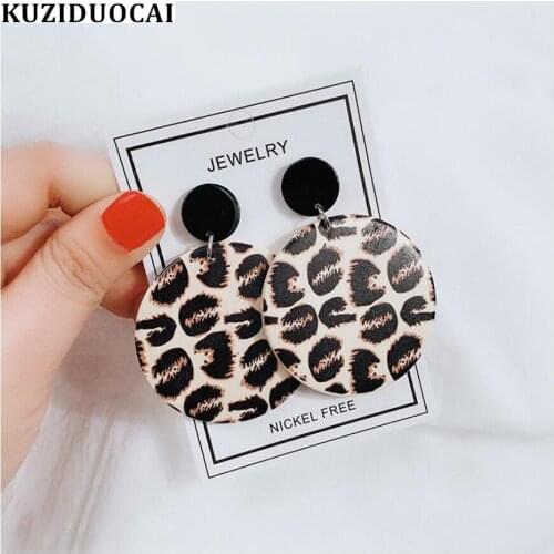 Kuziduocai New Fashion Jewelry Bohe Punk Style Solid Wood Dangle Round Leopard Veins Drop Earrings For Women oorbellen
