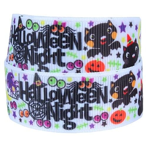 FLRA Ribbon Free shipping black cat and pumpkin printed Halloween style grosgrain ribbon