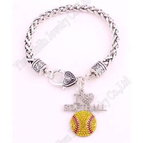 Fans Favorite Sports Jewelry Drop Shipping 1.2"*1.3" inches I Love Softball 2D Pendant Wheat link Chain Lobster Claw Bracelets