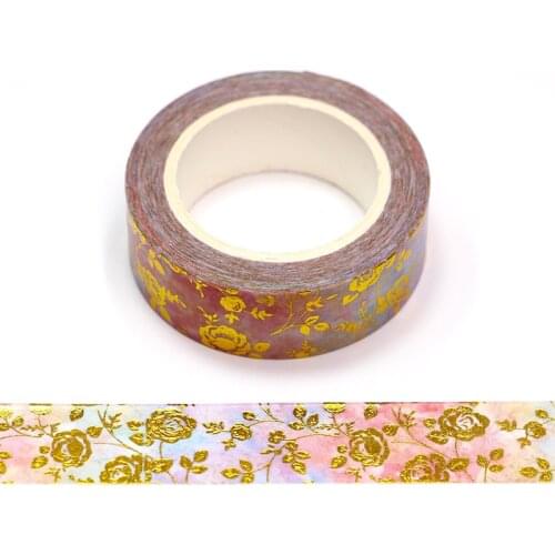 15mm*10m Watercolor Roses Masking Washi Tape Gold Foil flower Decorative Adhesive Tape Diy Scrapbooking Sticker Label Stationery