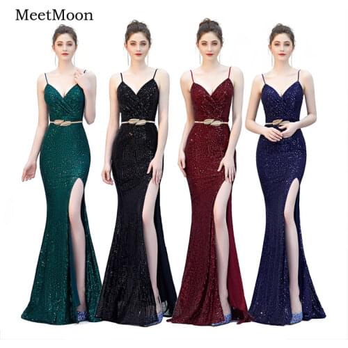MeetMoon 2020 New Glitter Knit Sequined Formal Prom Dress Long Mermaid Pageant Gown Dance Dresses With Side Slit Robe De Soire