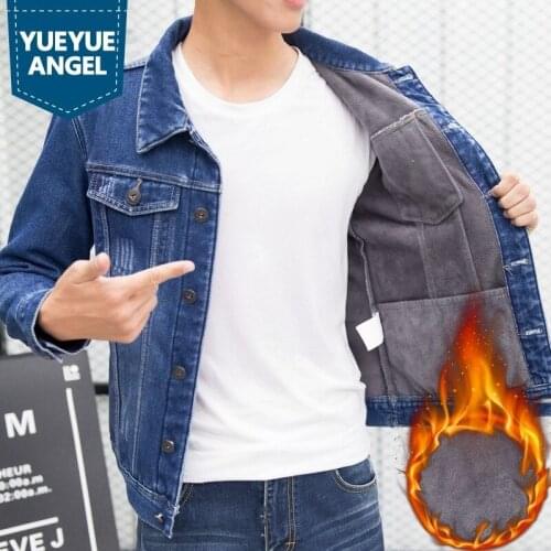 Mens Winter Fleece Lining Slim Fit Denim Jacket Thick Warm Outwear Coat Cargo Jeans Clothes Plus Size Casual Streetwear Jackets