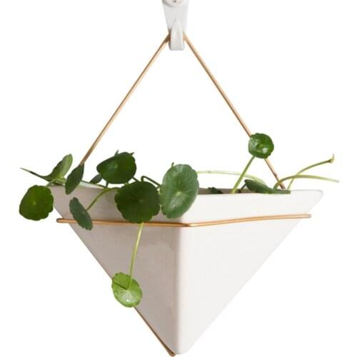 Wall Mount Planter Ceramic Hanging Metal Frame Plant Pot Container Vase for Mini Plants Flower Garden Decoration
