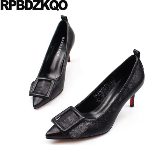 Size 33 Ankle Strap High Heels Medium Pointed Toe Genuine Leather Luxury Brand Women Shoes 2021 3 Inch Pumps Black Thin 4 34