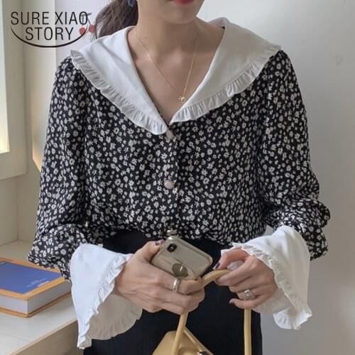 Romantic Vintage Print-Floral 2021 Plus size Ruffles Feminine Elegant Chic Loose Casual Fashion Sweet All-Match Shirts 10172