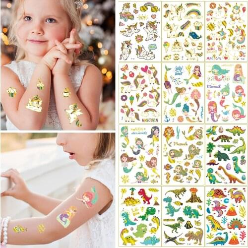Mermaid Dinosaur Unicorn Bronzing Cartoon Metallic Gold Body Temporary Flash Cute Tattoos for Kids Glitter Tattoo Stickers