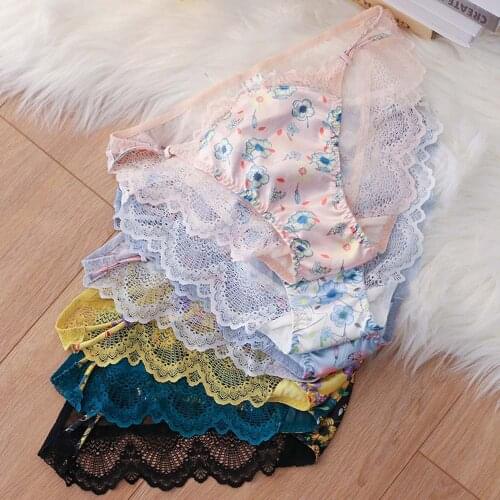 Sexy Romantic Lace Briefs Calendula Satin Print Briefs Low Waist Hollow Korean Style Transparent Ice Silk Underwear for Ladies