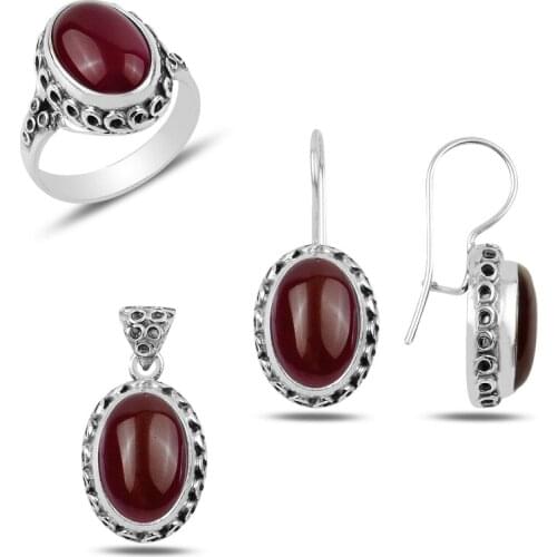 Silverlina Silver Red Agate Stone Handwork Set