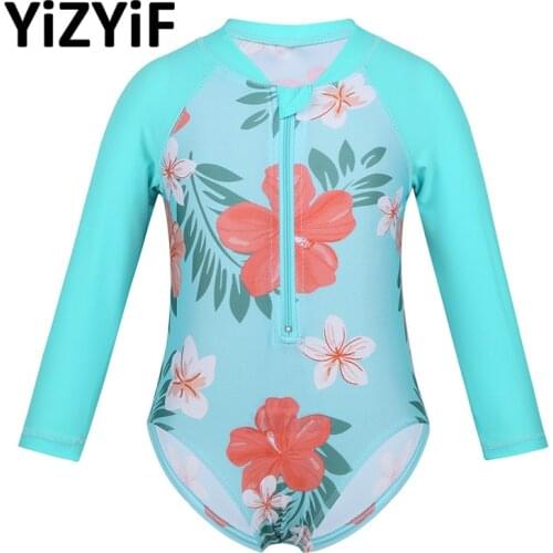 Girls One piece Swimsuits Long Sleeves Flower Printed Front Zipper Swimsuit Swimwear Bathing Suit Rash Guard Swimming Suit Kids