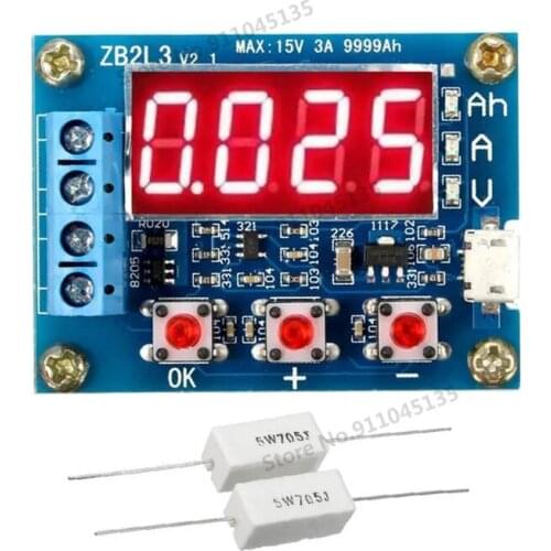 ZB2L3 18650 Battery Capacity Tester External Load Discharge Type 1.2-12V Tester with 2*5W 7.5 Resistors