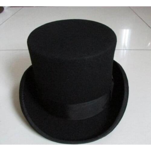 Vintage 100% Wool Black Victorian Magician Cap Mad Hatter Top Magic Hat Performing Cap Crown